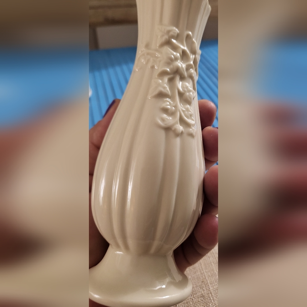 Lenox Flower Vase - Fine Ivory China Raised Flower Motif w/ Gold Trim